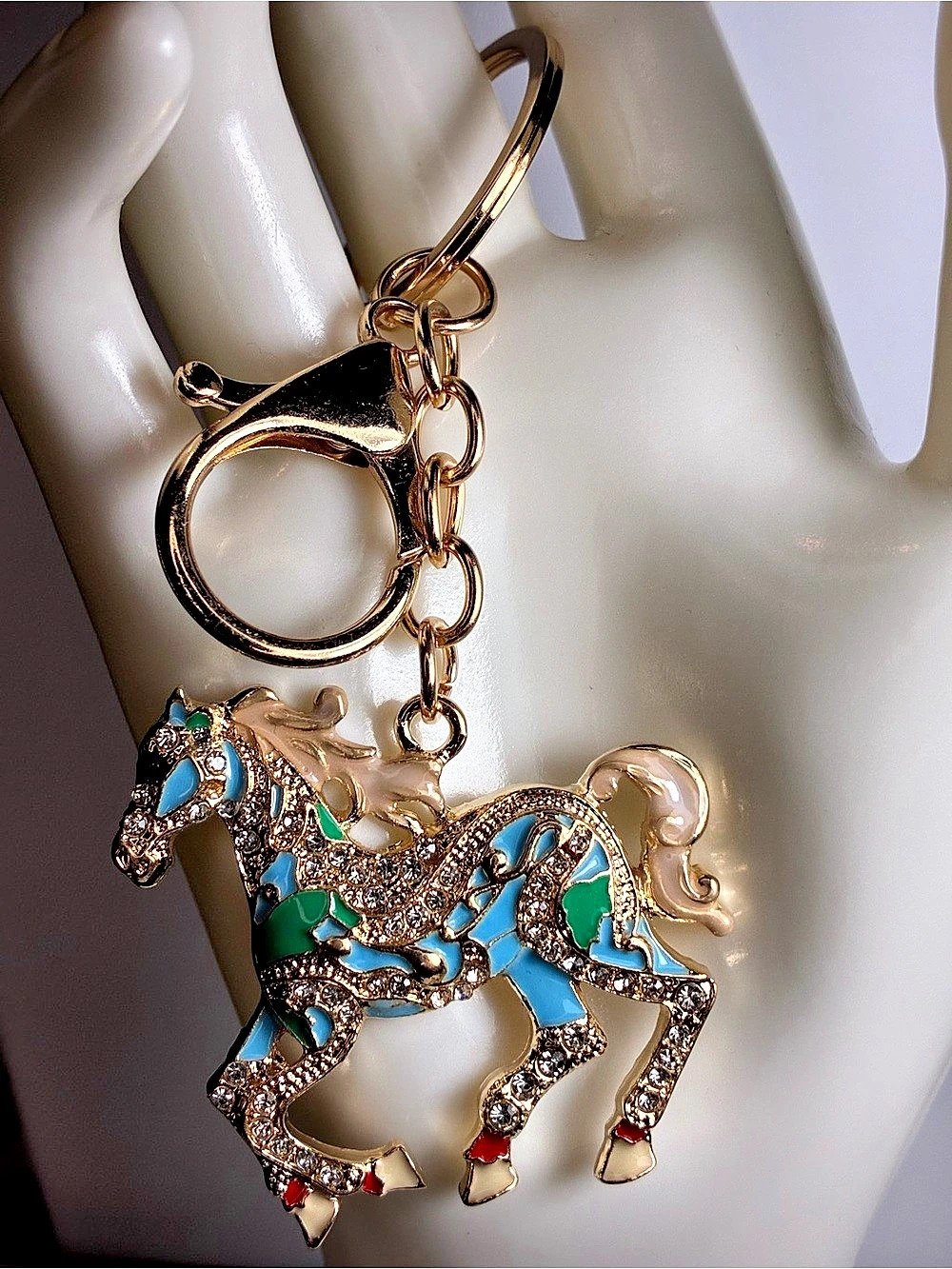 Horse Charm Rhinestone Keychain Bag Charm in Gold & Blue New Without Tags